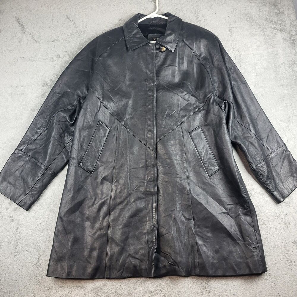 Vintage G III Trench Leather Coat Black Leather Snap Button Padded Size L